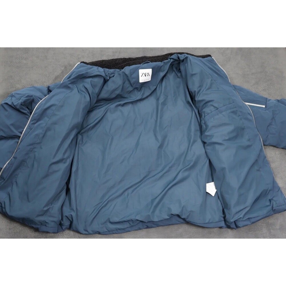 Zara Mens Puffer Bomber Jacket XL Blue Sherpa Lined Collar Full Zip Coat - Picture 9 of 16